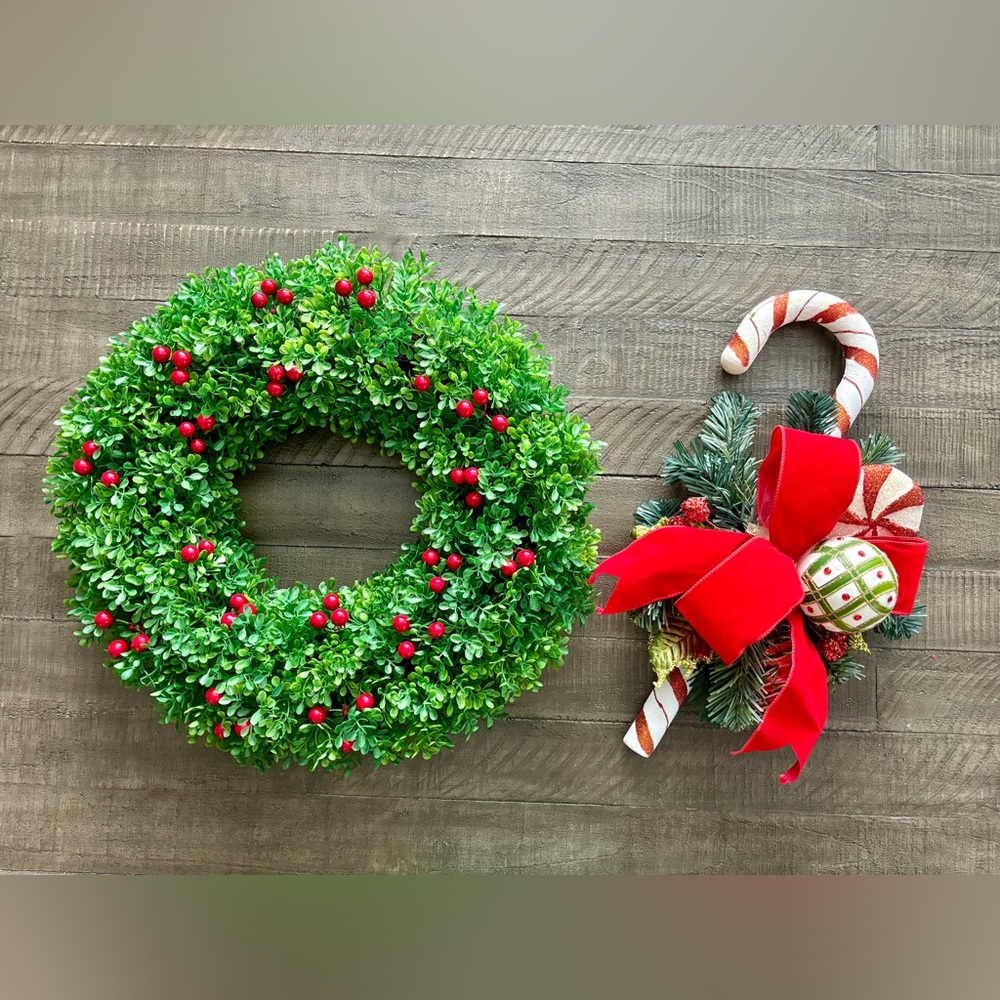 Holiday Wreath Bundle Classic Green Wreath + Candy Cane Accent Christmas Décor